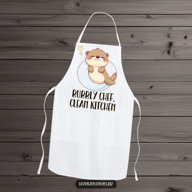 Funny otter character floating on a giant bubble while dreaming, featured on a kitchen apron, a comical cooking accessory.