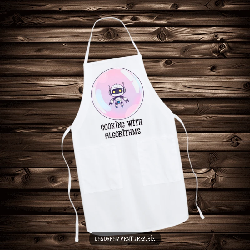 Funny robot apron featuring a cute robot floating upwards on a giant bubble, a humorous and practical kitchen accessory.