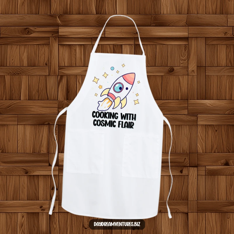 Funny rocket ship apron, a whimsical character on a star journey, perfect for kitchen adventures and a humorous funny gift.