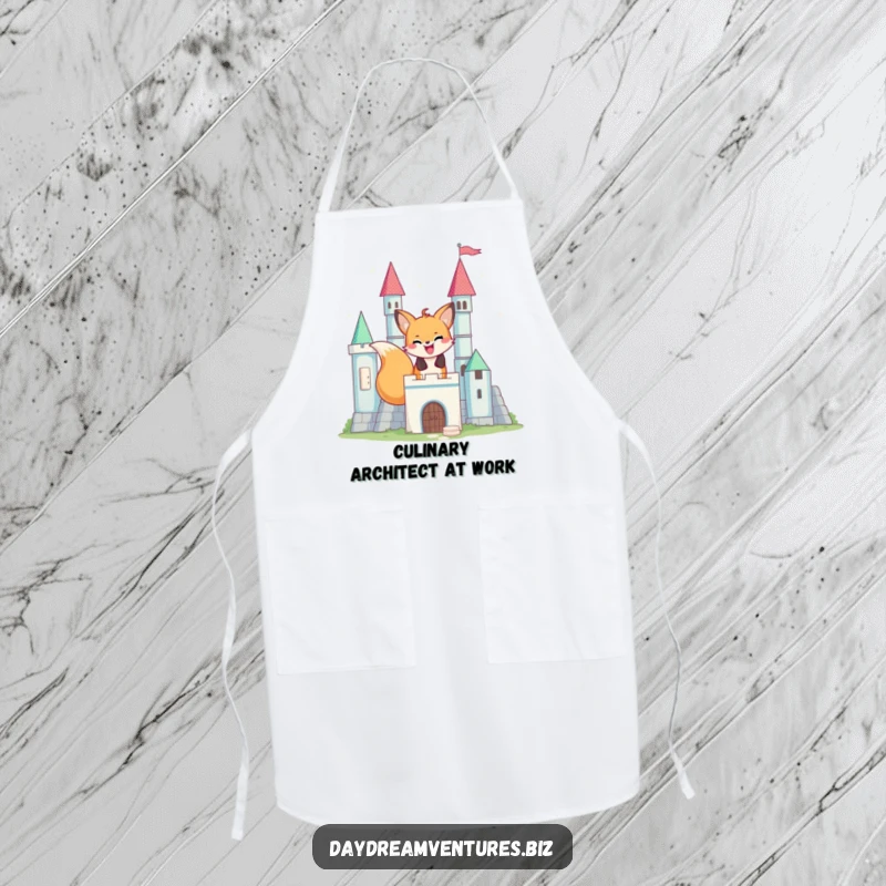 Funny happy fox character building a shimmering castle, on a kitchen apron, a humorous and practical item.