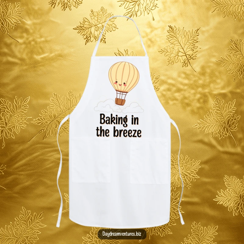 Funny hot air balloon apron, a joyful character drifting over clouds, ideal for kitchen adventures and a cheerful funny gift.