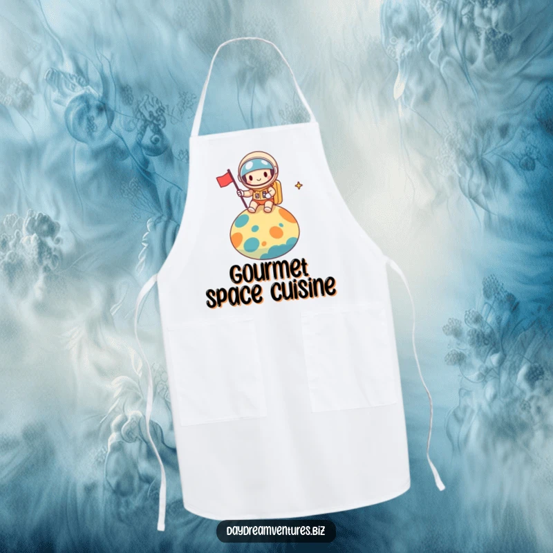 Funny space explorer apron, a cheerful character planting a flag on a colorful planet, perfect for kitchen expeditions, a funny gift.