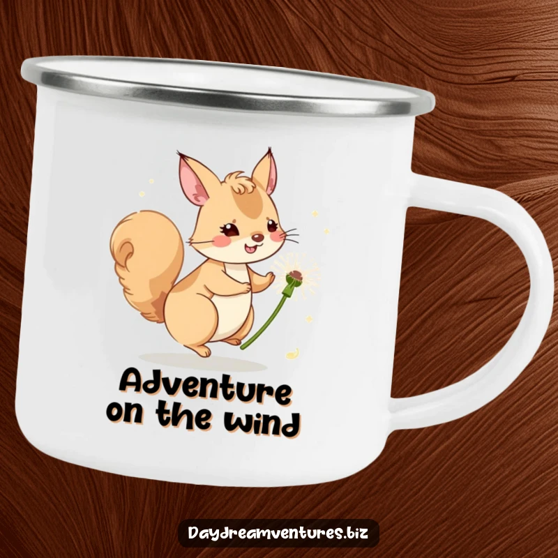 Funny squirrel character riding a dandelion seed on a breezy day, on a camping mug, for outdoor fun.