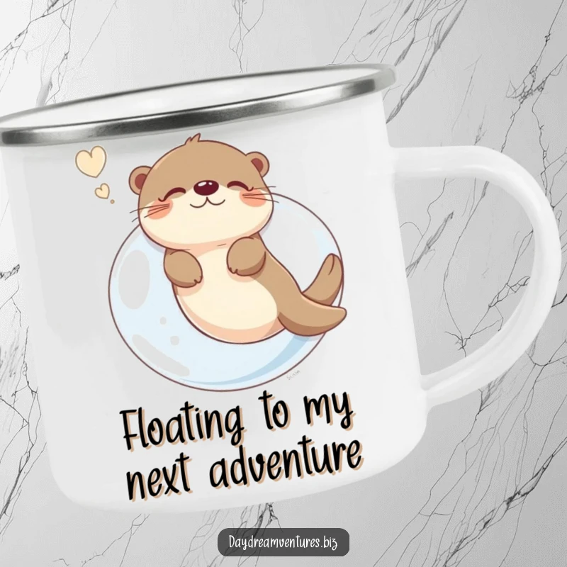 Funny otter character floating on a giant bubble, dreaming, on a sturdy camping mug for outdoor fun.