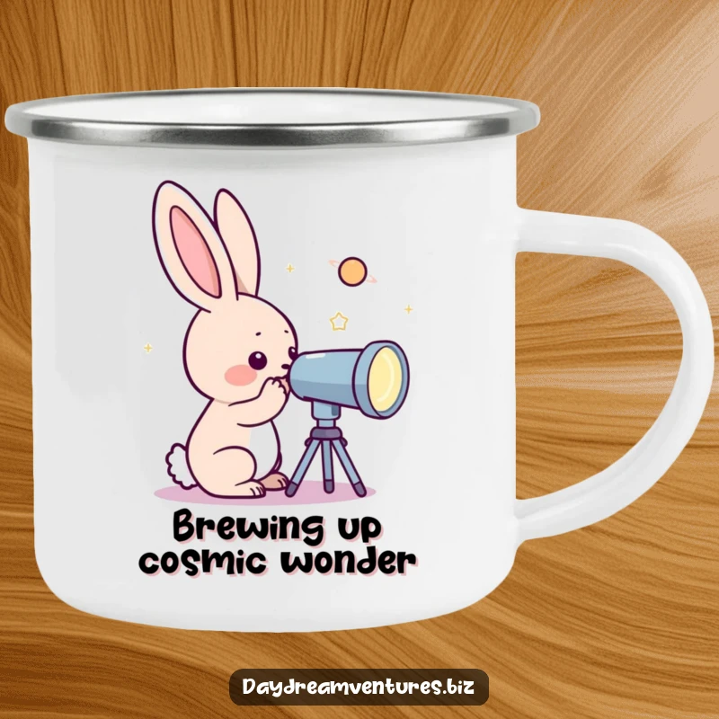Funny rabbit character looking through a telescope at a sparkling planet, on a camping mug, for outdoor exploration.