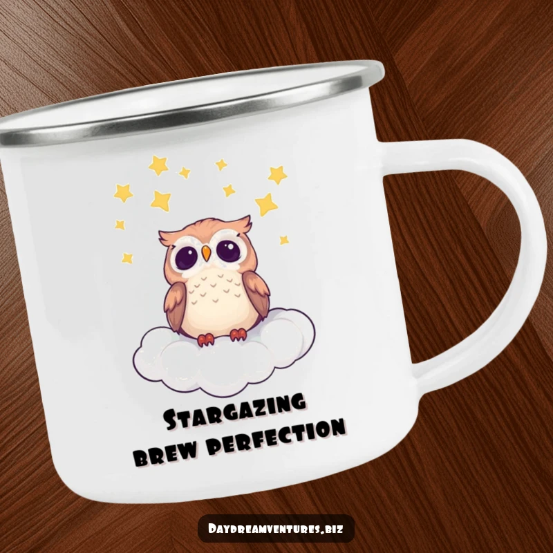 Cute owl character on a camping mug, gazing at stars from a cloud, bringing celestial humor outdoors.