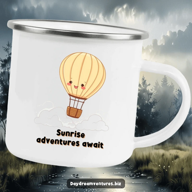 Funny hot air balloon camping mug, a joyful character drifting over clouds, durable and cheerful for outdoor fun, a funny gift.