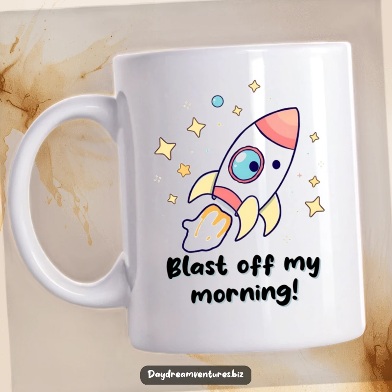 Funny rocket ship mug, exploring starry space with a whimsical character, perfect for adventure lovers and a unique funny gift.