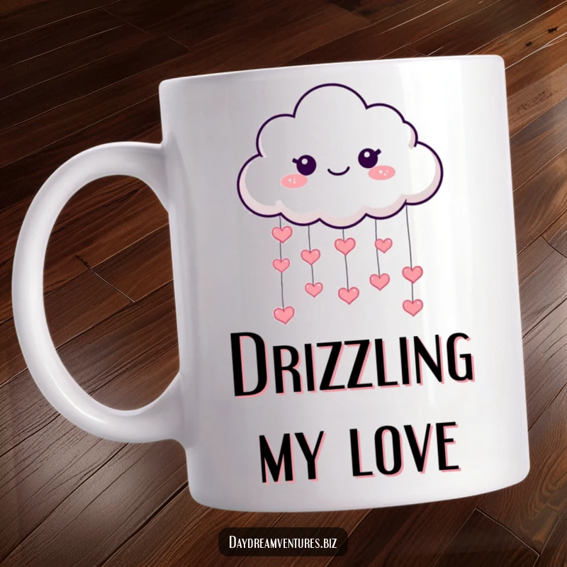 Funny cloud mug, a playful character raining tiny sparkling hearts, spreading love and joy, a sweet and funny gift.