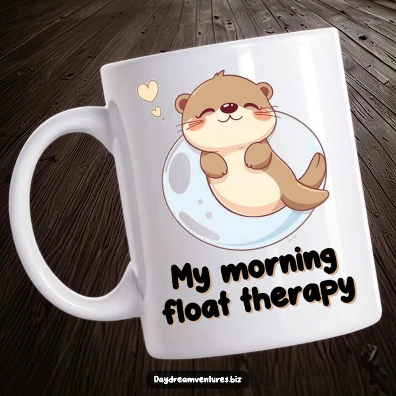 Funny otter floating on a giant bubble, dreaming whimsical dreams, on a ceramic mug, perfect for a lighthearted gift.