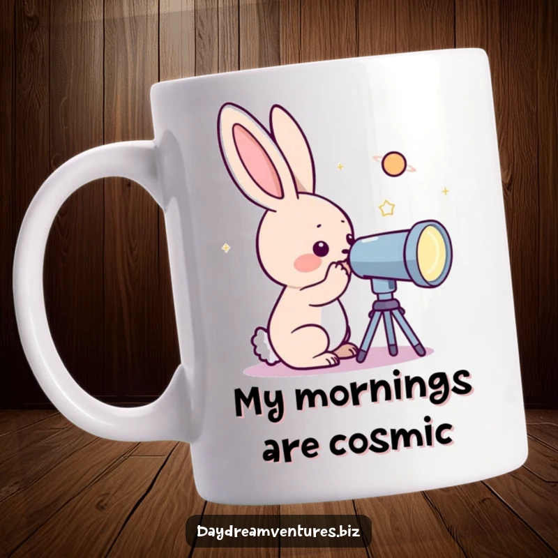 Funny curious rabbit character peeking through a telescope at a sparkling planet, on a mug, inspiring discovery.