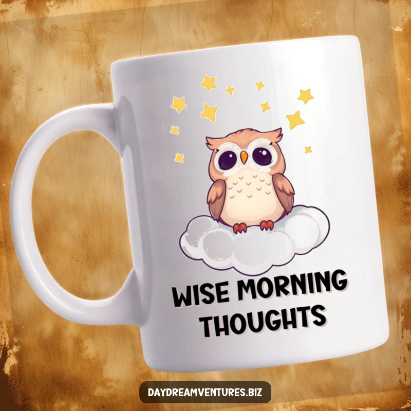 Cute owl character sitting on a fluffy cloud at night, looking up at a starry sky with a whimsical expression.