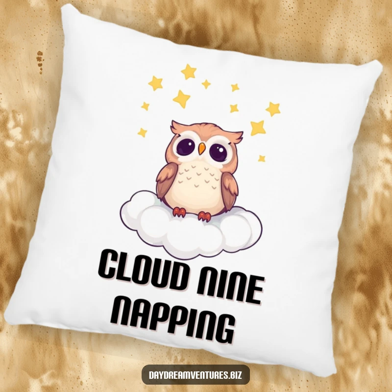 Cute owl character on a pillow, gazing at stars from a cloud, offering cozy celestial humor.