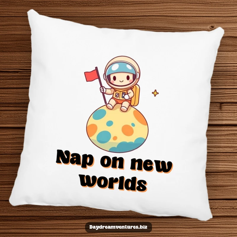 Funny space explorer pillow, a cheerful character planting a flag on a planet, soft and comforting, a great funny gift.
