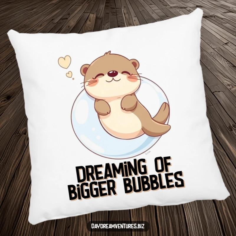 Funny otter character floating on a giant bubble, dreaming peacefully, on a soft decorative pillow, a humorous accent.