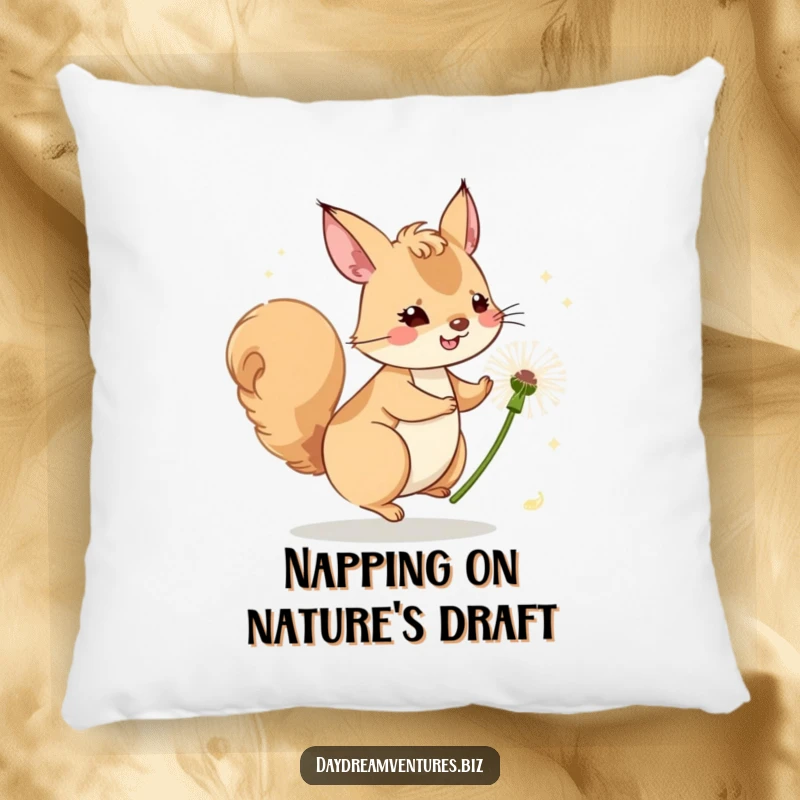 Funny squirrel character riding a dandelion seed, on a soft pillow, bringing whimsical comfort.