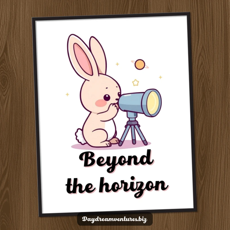 Funny curious rabbit character looking through a telescope at a sparkling planet, as a digital art print, full of wonder.