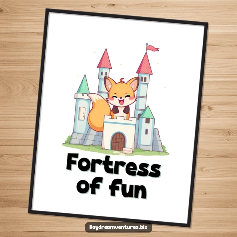 Funny happy fox character building a shimmering block castle, as a digital art print, full of whimsy.
