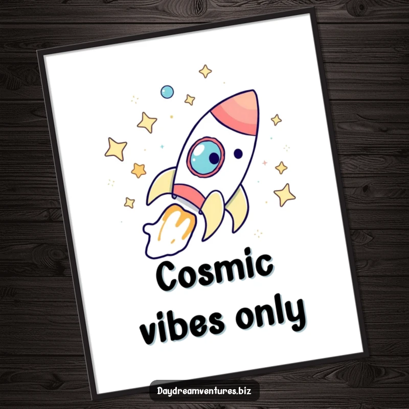 Funny rocket ship digital art print, a whimsical character on an epic journey through bright stars, vibrant and humorous, a funny gift.