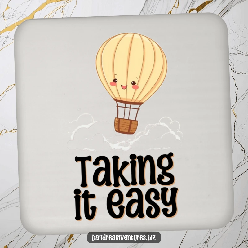 Funny hot air balloon coasters, a joyful character floating over clouds, protecting surfaces with peaceful charm, a delightful funny gift.