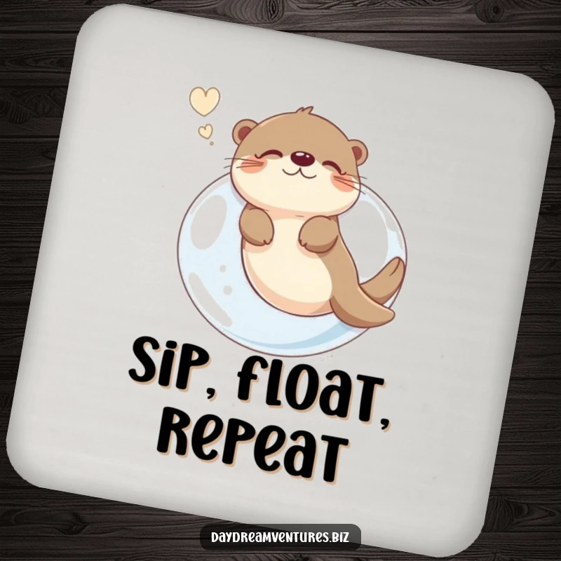 Funny otter character floating on a giant bubble, dreaming, on a protective drink coaster, adding humor.