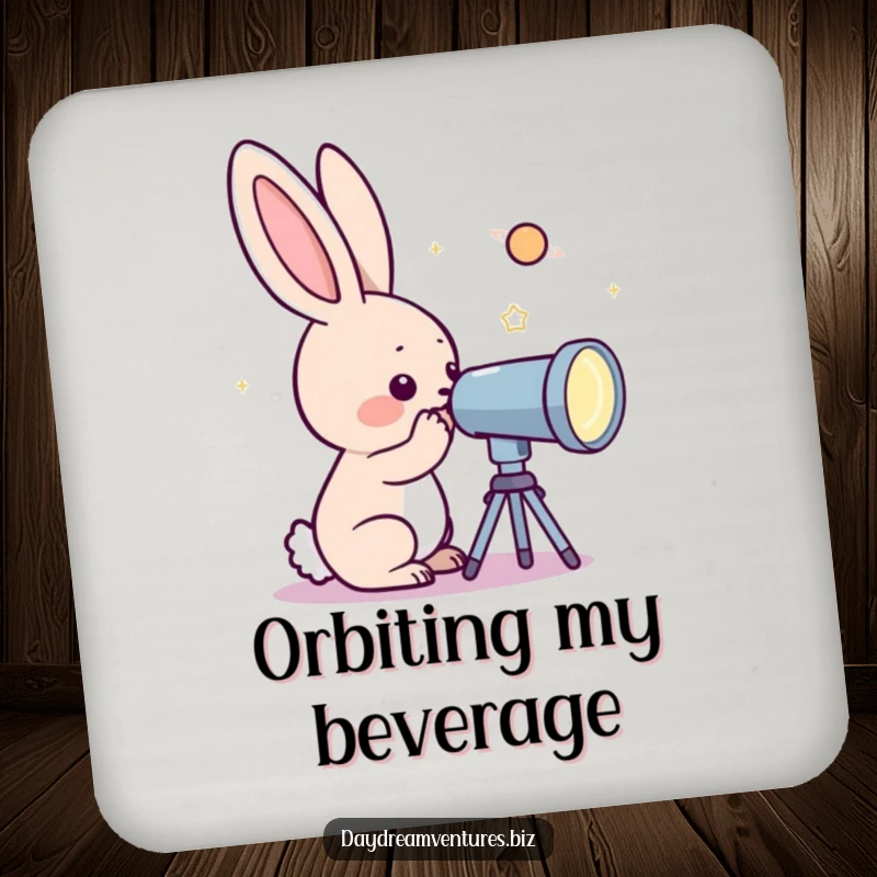 Funny rabbit character looking through a telescope at a sparkling planet, on a drink coaster, bringing celestial humor.