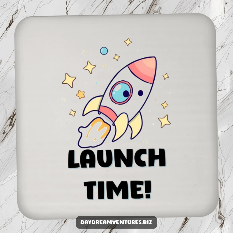 Funny rocket ship coasters, a whimsical character exploring stars, protecting surfaces with cosmic flair, a great funny gift.