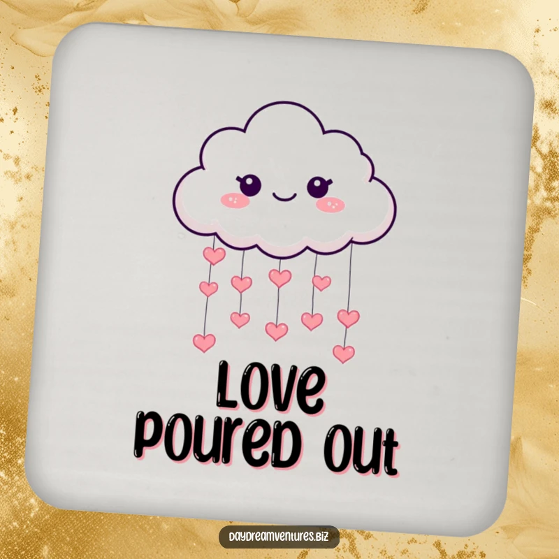 Funny cloud coasters, a playful character raining hearts, protecting surfaces with love and charm, a delightful funny gift.