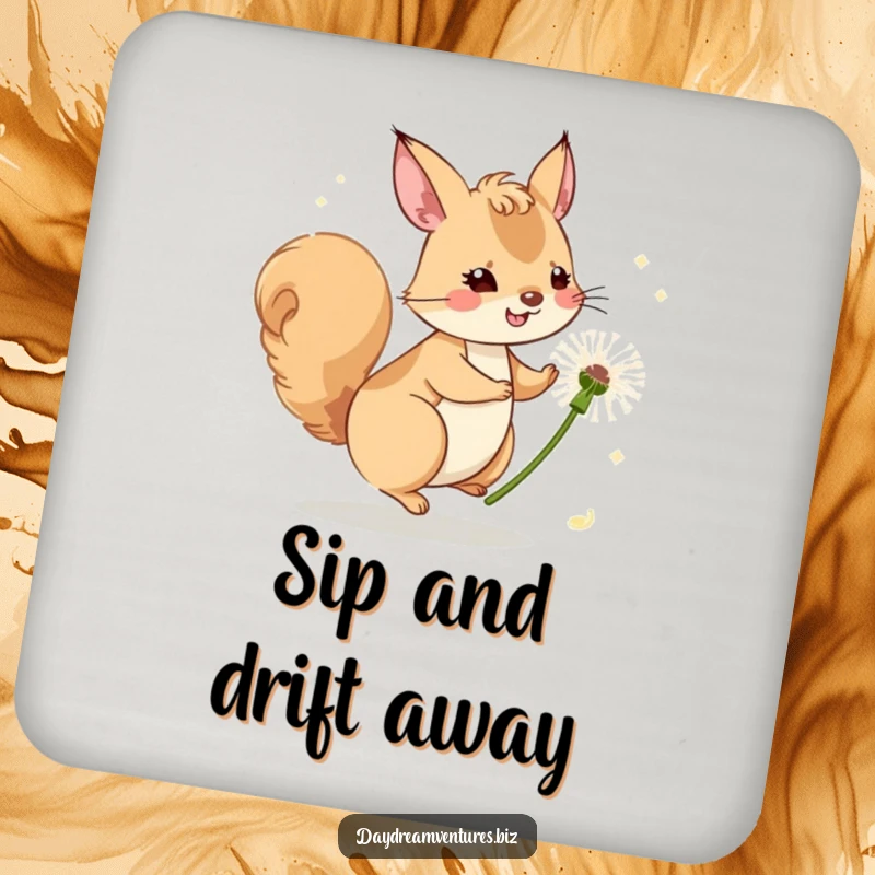 Funny squirrel character riding a dandelion seed, on a drink coaster, bringing whimsical flair.