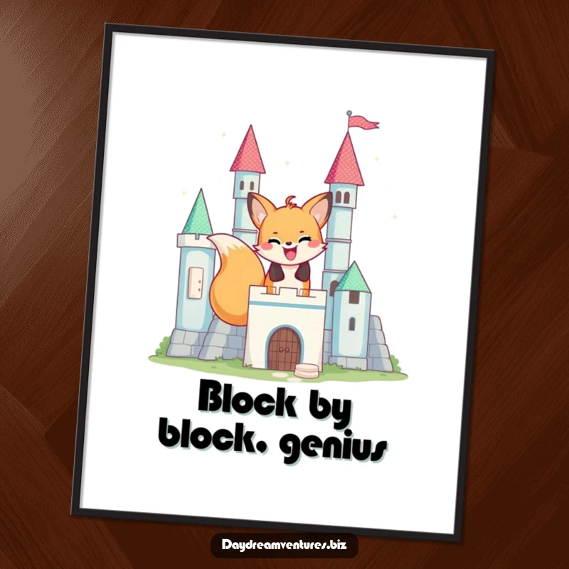 Funny happy fox character constructing a shimmering block castle, displayed as a vibrant poster, celebrating imagination.
