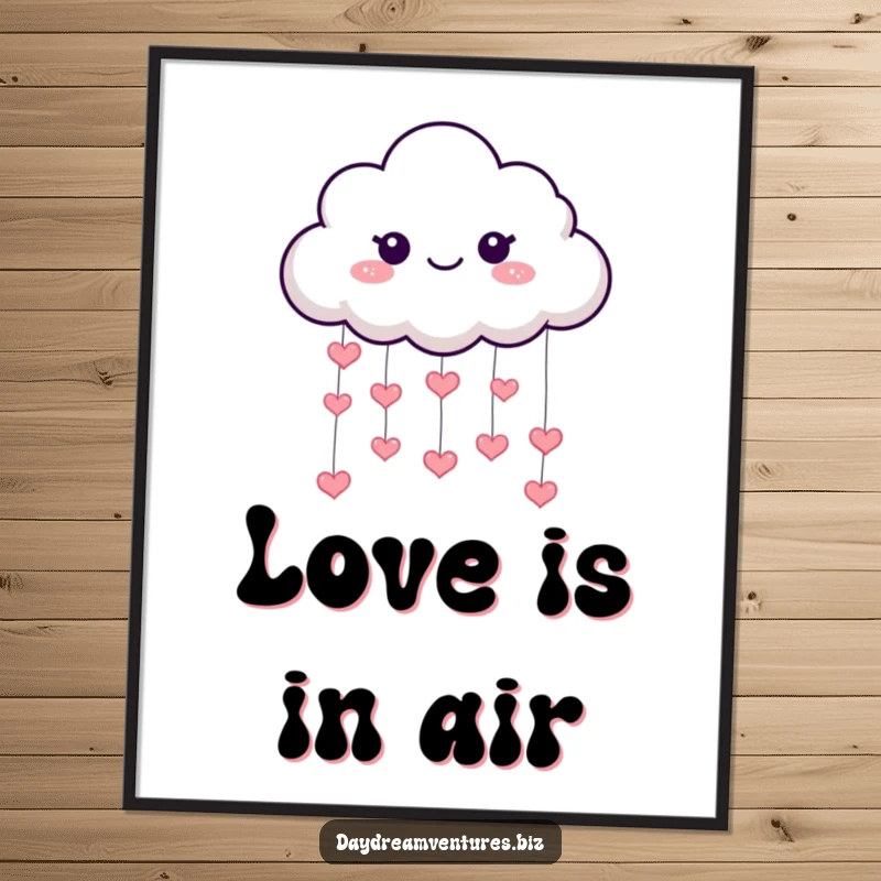 Funny cloud poster, a playful character raining tiny hearts, cheerful and loving art, a perfect funny gift.