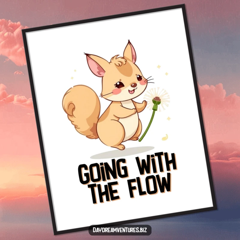 Funny whimsical squirrel character riding a dandelion seed on a windy day, displayed as a vibrant poster.