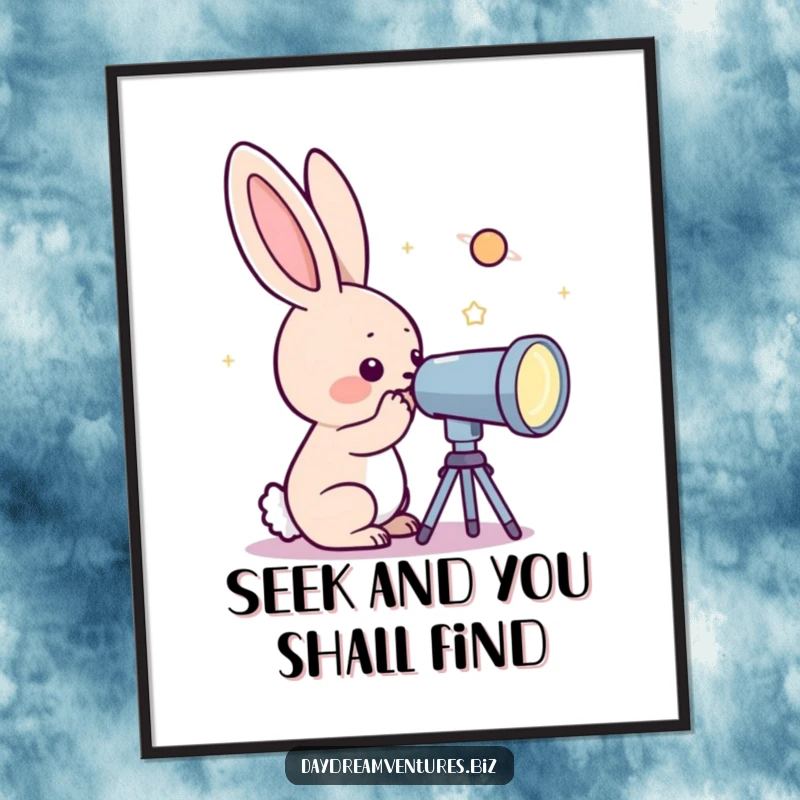 Funny curious rabbit character peering through a telescope at a distant sparkling planet, displayed as a vibrant poster.