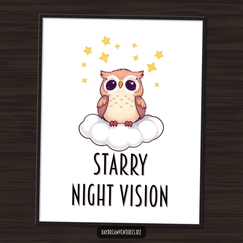 Cute owl character on a fluffy cloud, gazing at a starry night sky, depicted as enchanting wall art.
