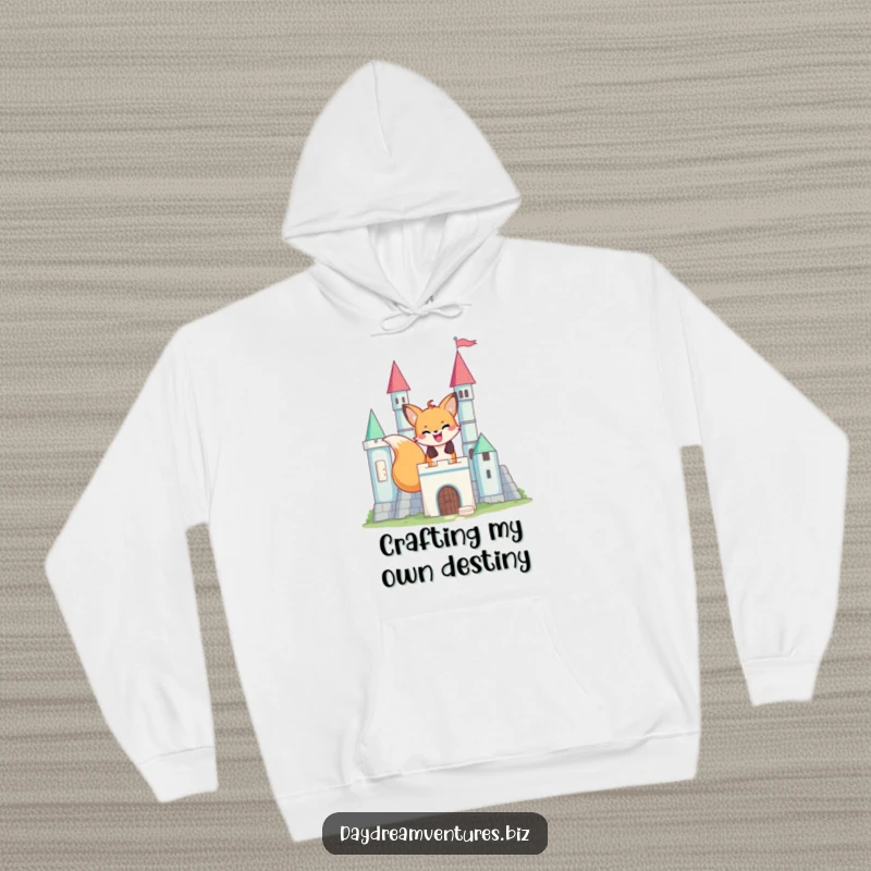 Funny happy fox character building a shimmering castle, wearing a cozy hoodie, a unique and funny gift idea.
