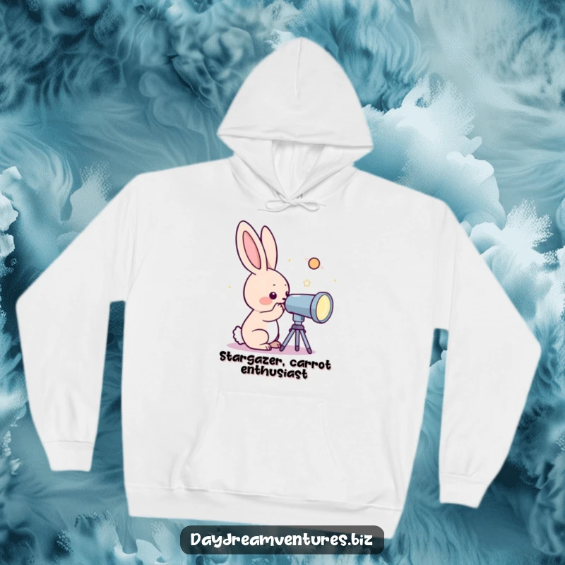 Funny rabbit character peering through a telescope at a sparkling planet, on a cozy hoodie, evoking wonder.