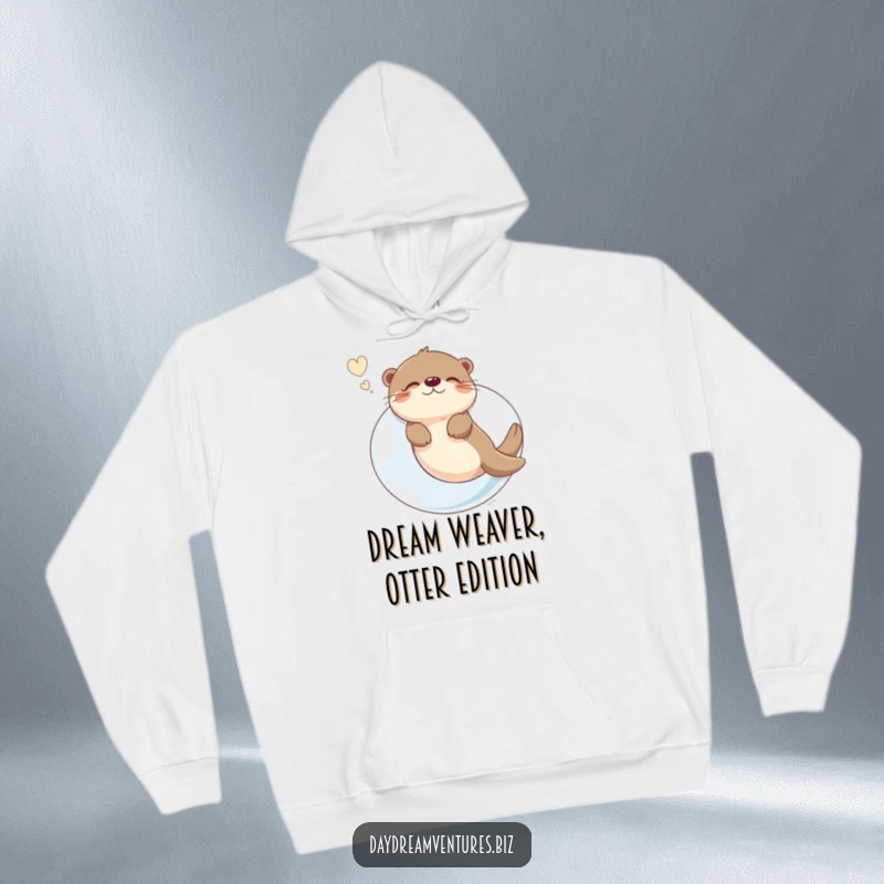 Funny otter character blissfully floating on a giant bubble, lost in dreams, wearing a cozy hoodie, ideal funny gift.