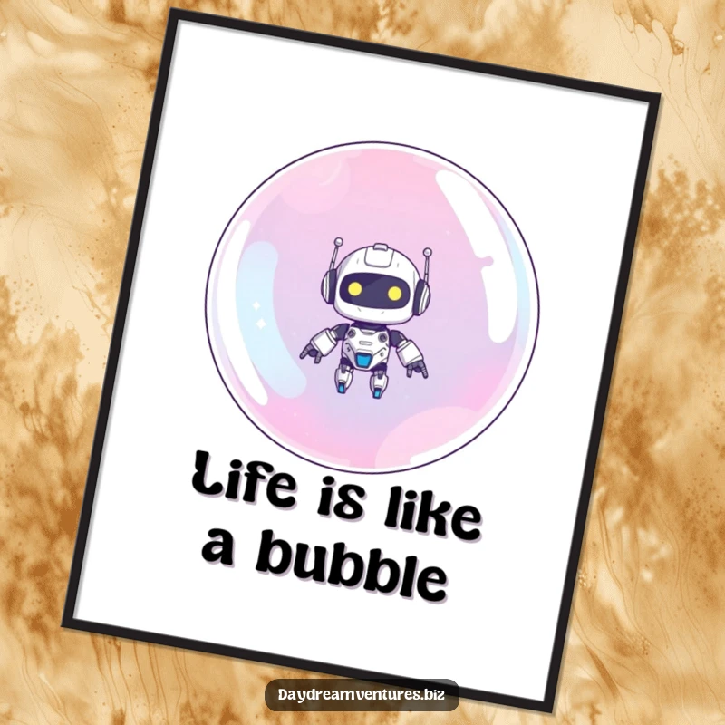 Cute Free Printable Wall Art: A smiling robot floats serenely upwards on a giant translucent bubble, bringing whimsical charm.