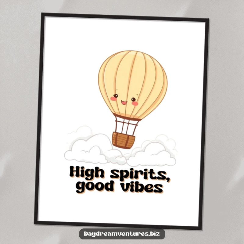 Funny Free Printable Wall Art featuring a joyful hot air balloon character drifting peacefully above a serene landscape of fluffy clouds.