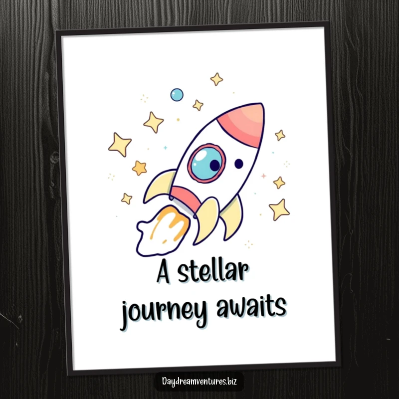 Funny Free Printable Wall Art depicting a whimsical rocket ship embarking on an exciting journey through a vibrant, star-filled galaxy.