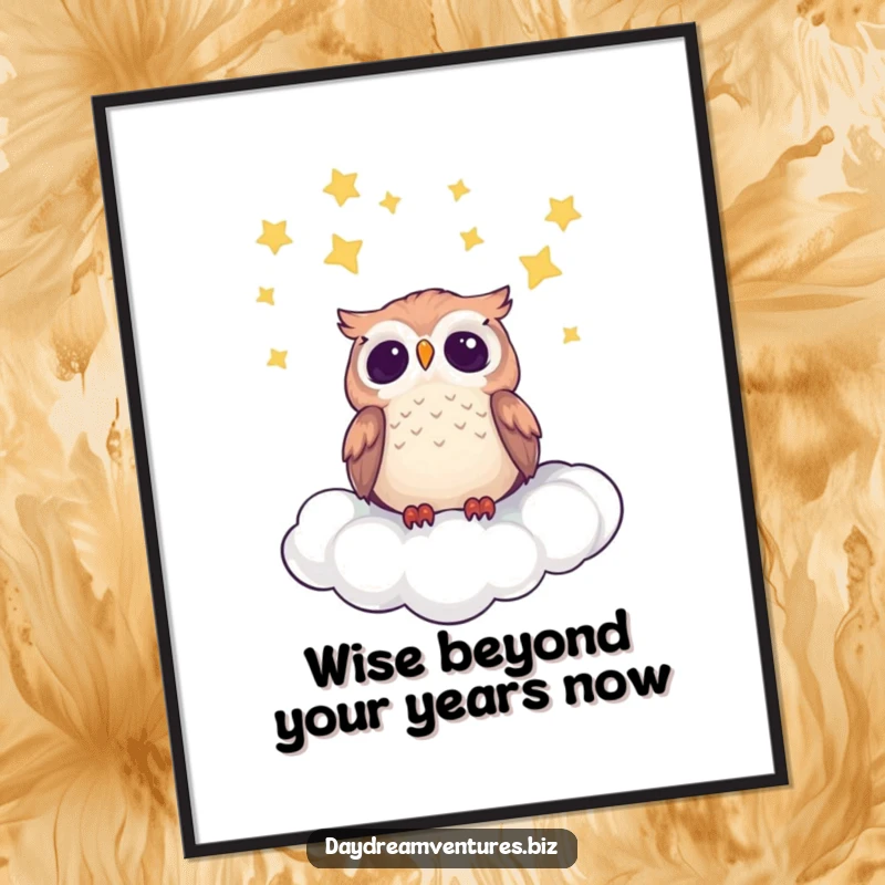 Funny free printable wall art, a cute owl character gazing at stars from a fluffy cloud, creating a dreamy atmosphere.