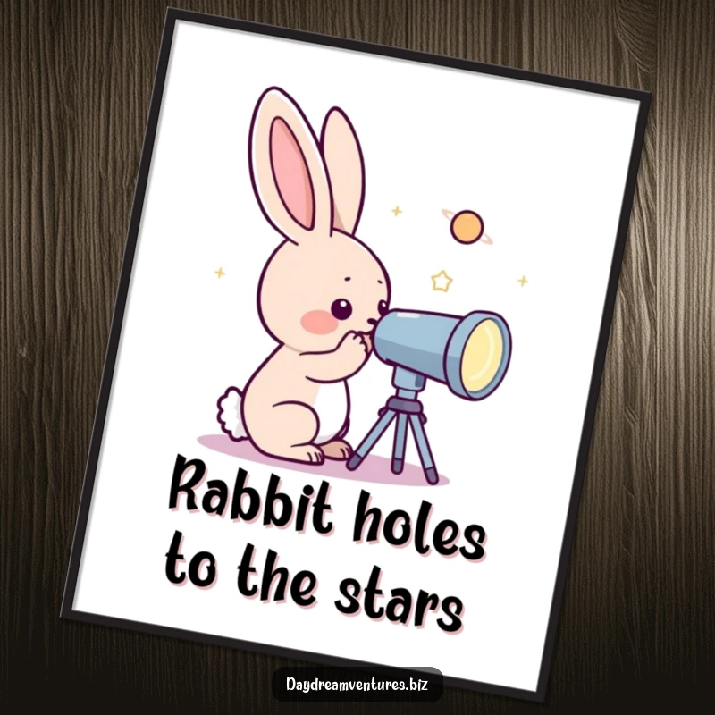 Funny Free Printable Wall Art showing a curious rabbit intently peeking through a telescope, focused on a distant, twinkling, sparkling planet.