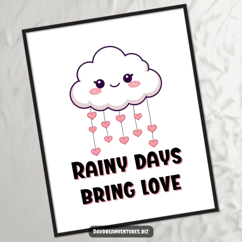 Funny Free Printable Wall Art of a playful cloud character raining down tiny, sparkling hearts, creating a lovely, heartwarming scene.