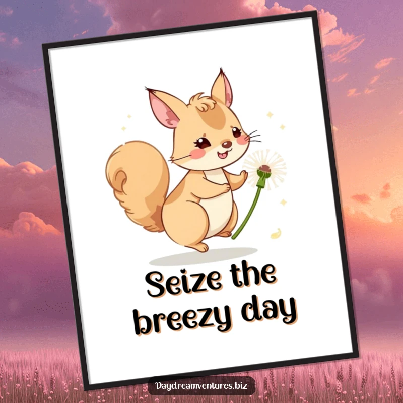Funny Free Printable Wall Art capturing a whimsical squirrel joyfully riding a fluffy dandelion seed, suspended in a breezy sky.