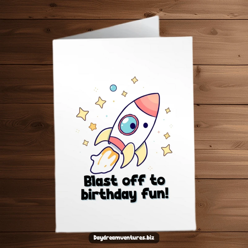 Funny Free Printable Birthday Card featuring a whimsical rocket ship blasting off on a starry adventure, ready to deliver birthday wishes.
