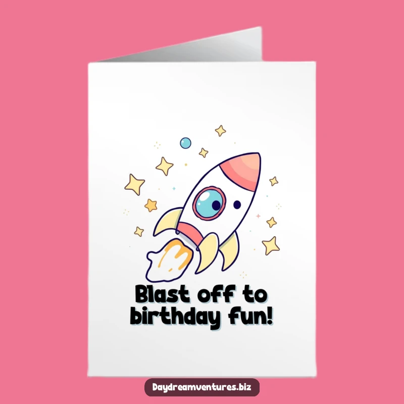 Free Printable Birthday Card: Funny Rocket Ship Launching into Starry Fun