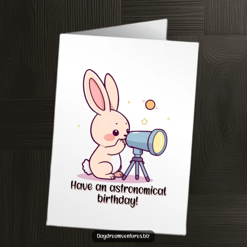 Funny Free Printable Birthday Card showing a curious rabbit peering through a telescope at a beautiful, sparkling distant planet.