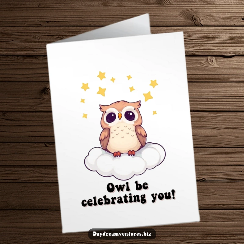 Funny free printable birthday card, a cute owl character gazing thoughtfully at a sky full of stars from a fluffy cloud.