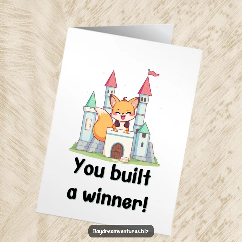 Funny Free Printable Congratulations Card featuring a delighted fox constructing an elaborate, shimmering castle out of bright, magical blocks.