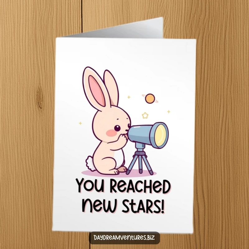 Funny Free Printable Congratulations Card featuring a curious rabbit using a telescope to observe a dazzling, far-off sparkling planet.